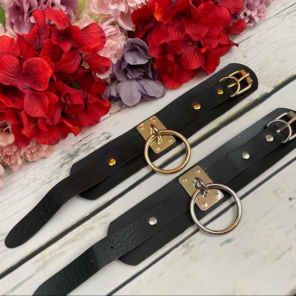 Punk Gothic Black Vegan Leather Metal Ring Bracelet - Picture 12 of 16